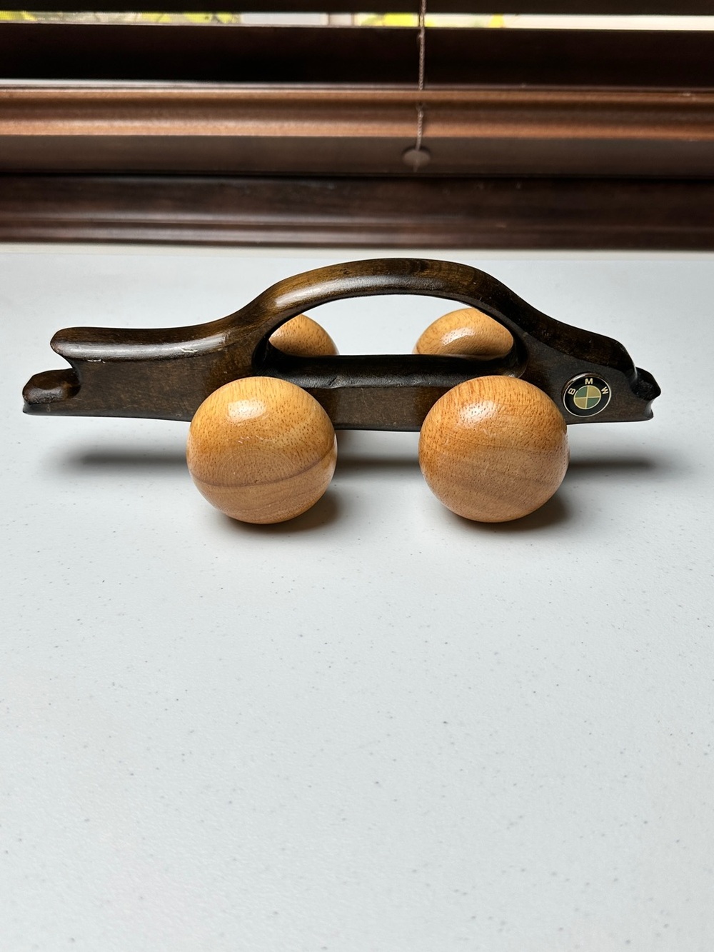 Vintage BMW 633CSi Two Tone Brown/Tan Wooden Toy Car Manual Massage Roller Car